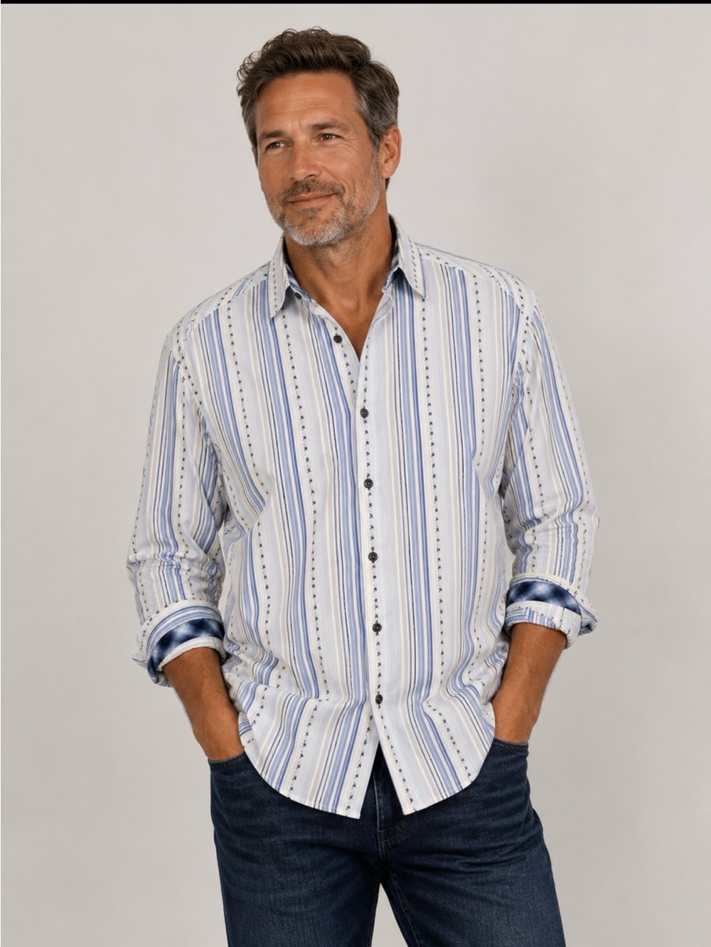 Robert Graham Mens Small Blue White Striped Star Embroidered Button Up Shirt S